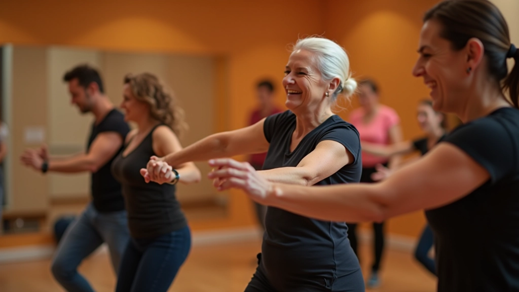 Group of adult dancers of different ages in a bachata class, laughing and moving together in a relaxed studio setting