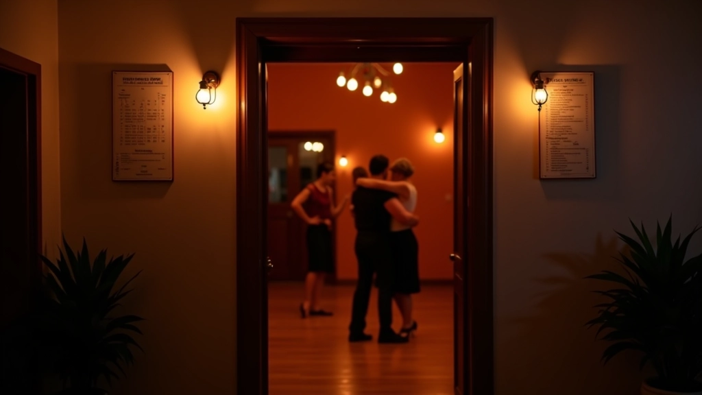 Welcoming dance studio entrance with sign showing class times and open door with warm interior lighting visible