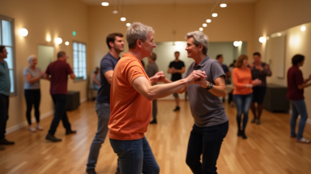 Diverse group of adults aged 45-60 dancing together at a bachata event in a social dance setting