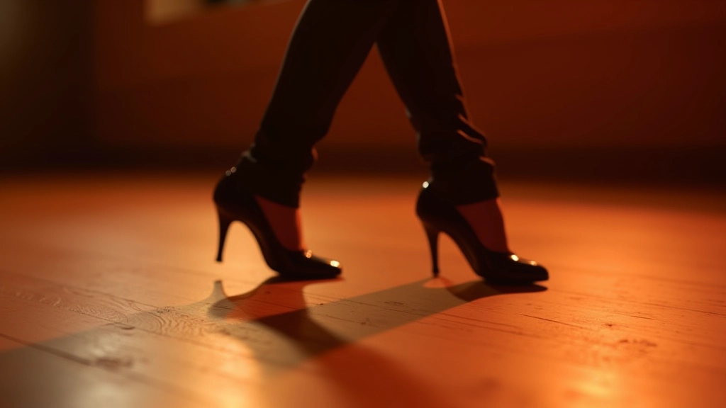 Close-up of feet in dance shoes performing a basic bachata step pattern on a wooden dance floor