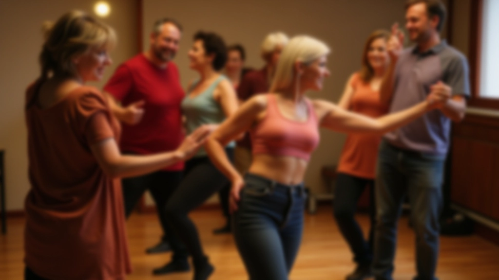 Small group of adult dancers in a cozy studio space, instructor adjusting one student's posture
